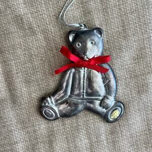 Vintage Bloomingdales Silverplated Teddy Bear w/ Red Christmas Bow Ornament